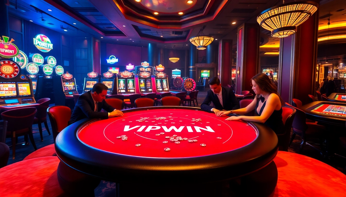 VIPWIN poker players engaging at a luxurious table with vibrant casino elements.