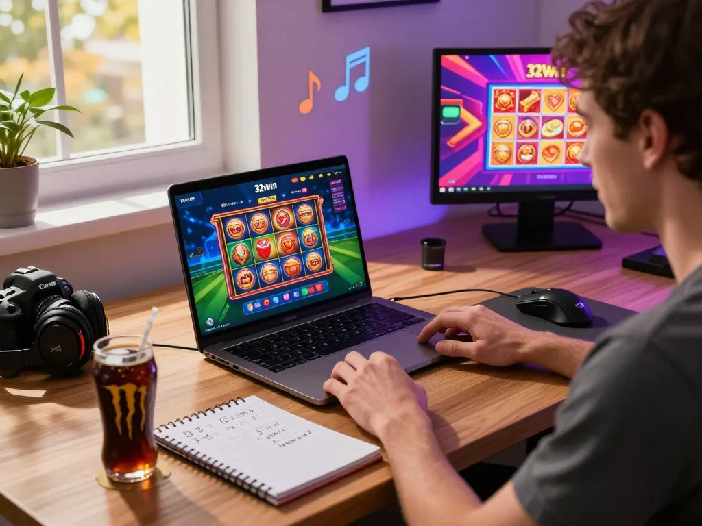 Player using 32win platform in modern gaming setup with vibrant visuals.
