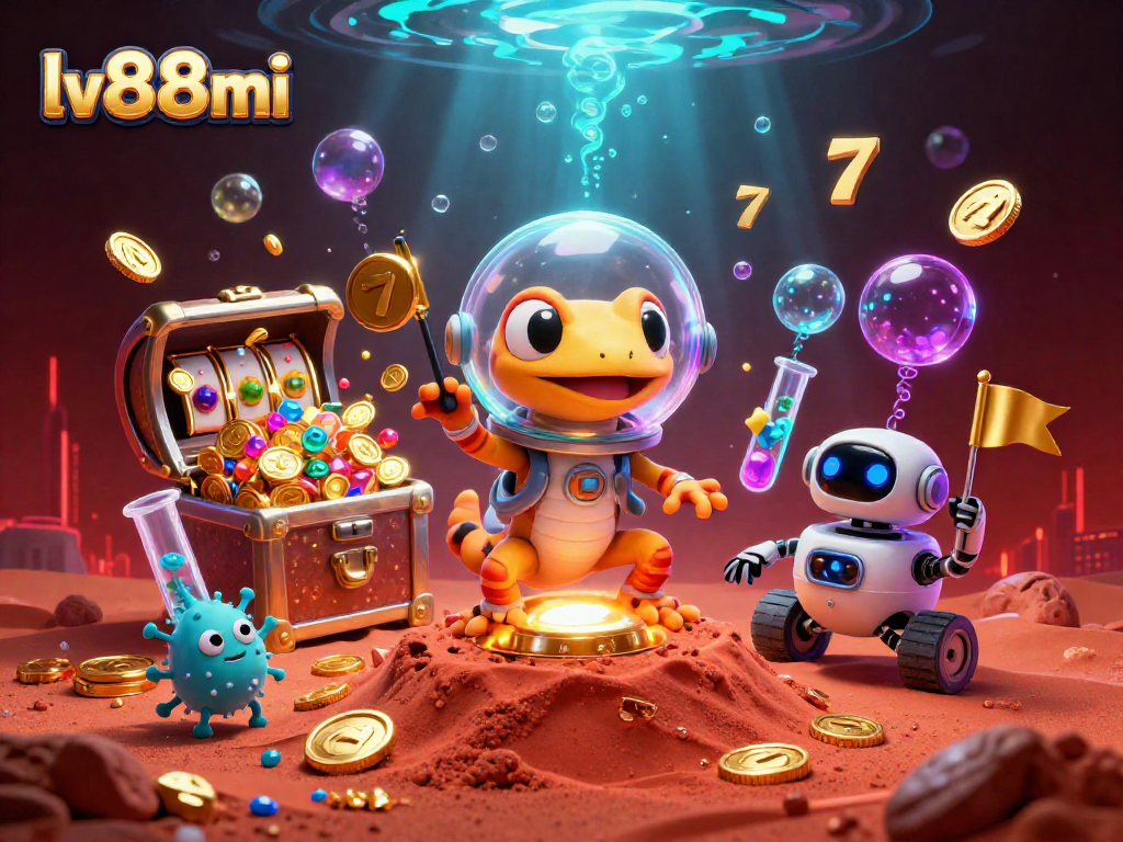 Experience excitement with lv88mi as a Martian gecko discovers a vibrant casino scene full of slot reels and treasures.