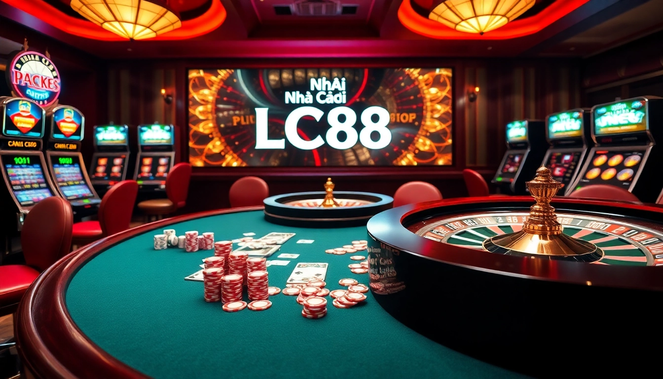 Engage in thrilling games at Nhà Cái LC88 with vibrant casino visuals, poker chips, and tables.