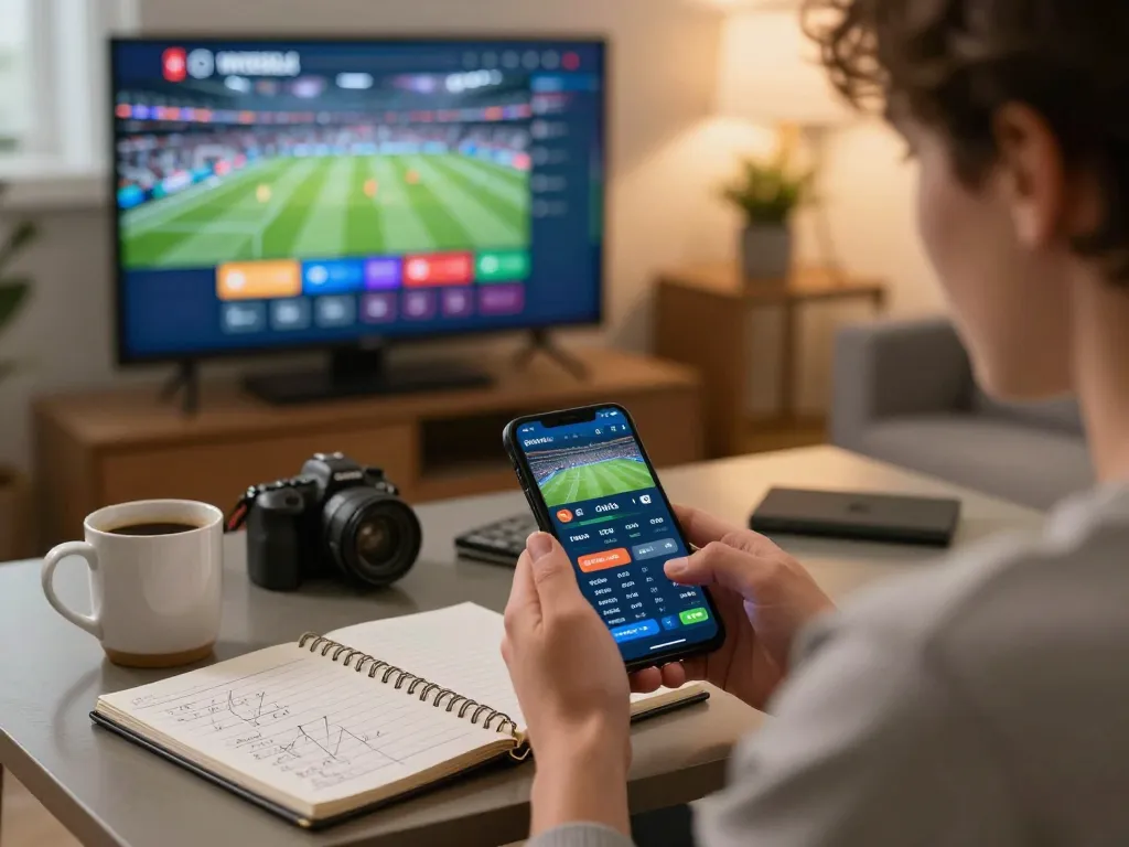 Betting on fooballl through a smartphone while enjoying a cozy home atmosphere.