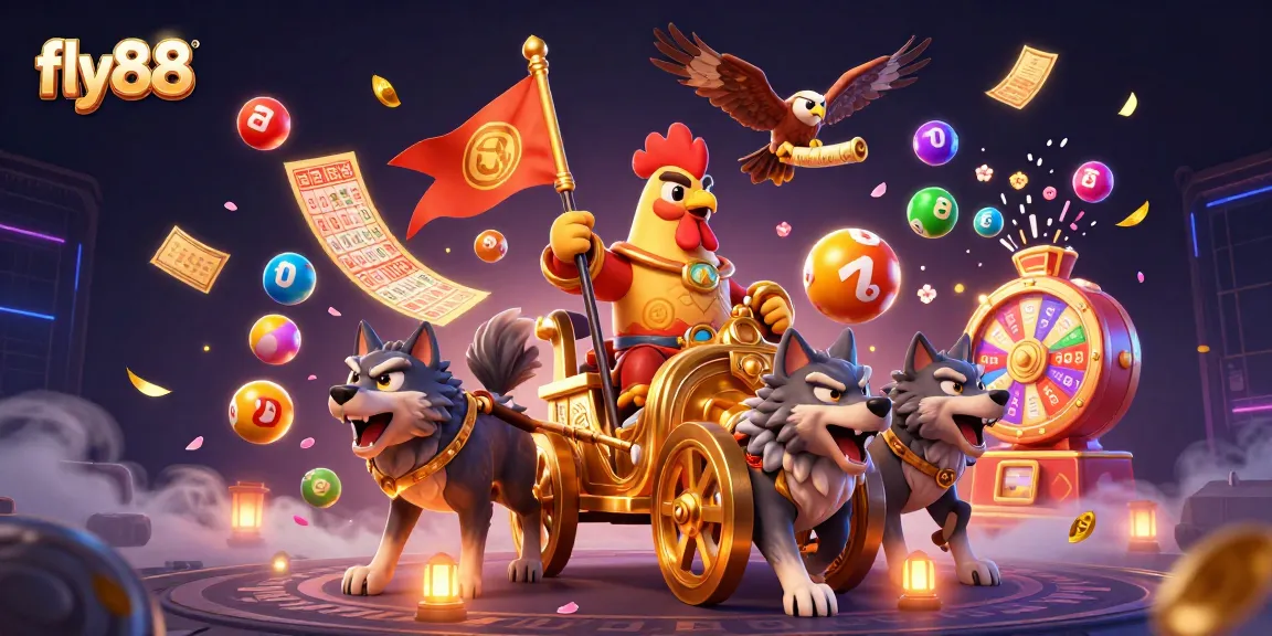 Engage with fly88's exciting gaming landscape featuring vibrant lottery elements and dynamic casino visuals.