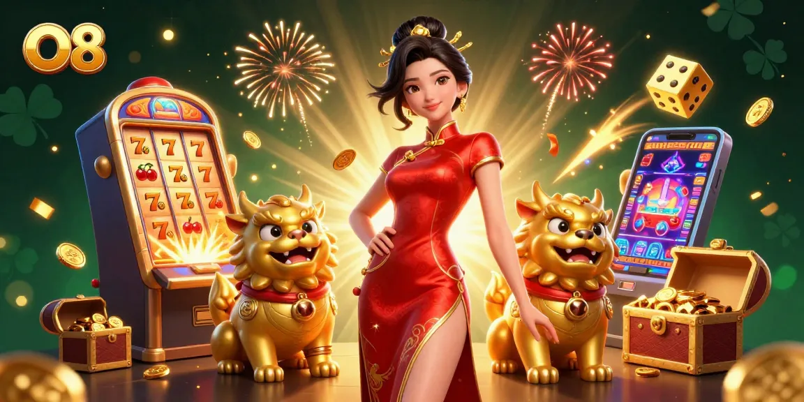 Experience thrilling wins at O8 with a glamorous Asian woman's luck, surrounded by lively casino elements.