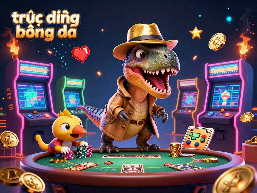Engage with trực tiếp bóng đá by placing bets in a vibrant casino scene featuring cartoon dinosaurs.