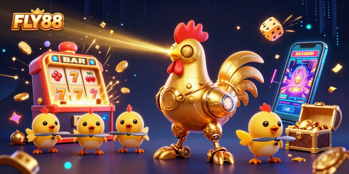 Experience the excitement of FLY88 with a dynamic 3D illustration featuring a futuristic golden rooster robot and baby chick drones.