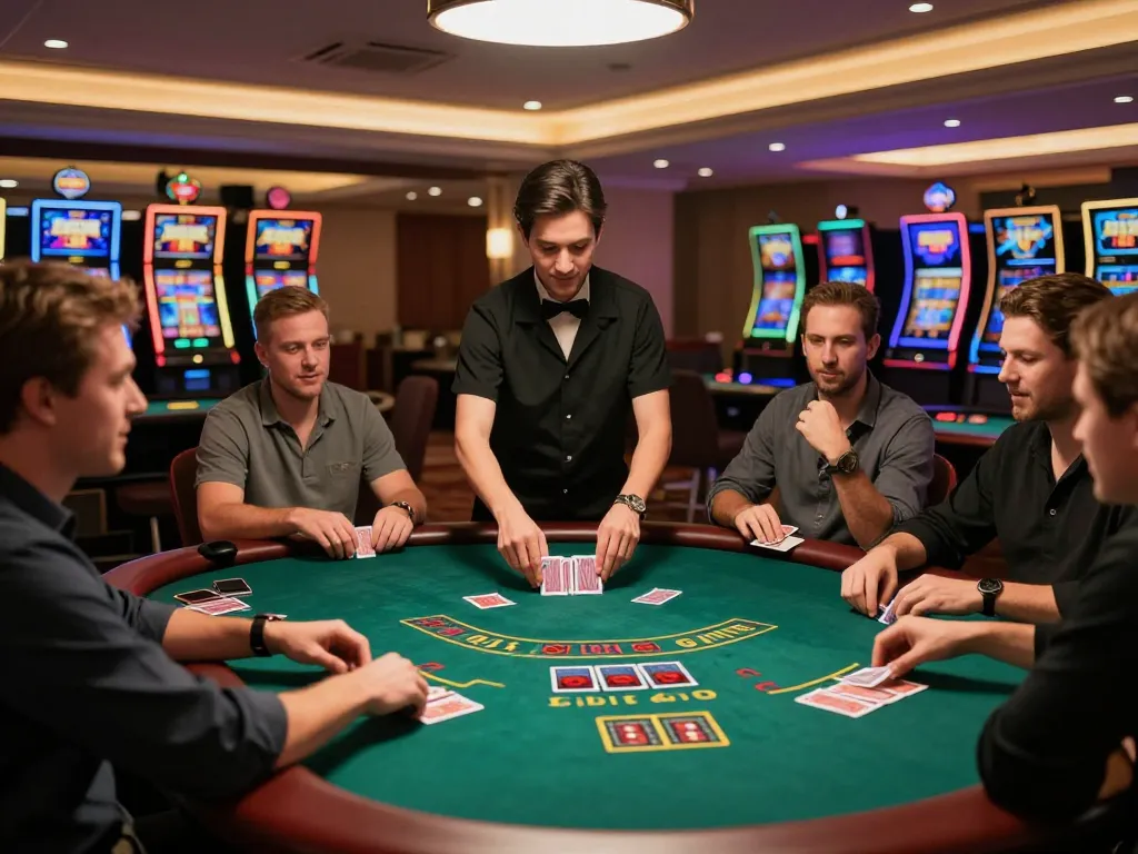 FLY88 players engaged in live blackjack game, strategizing bets with excitement in a vibrant casino.