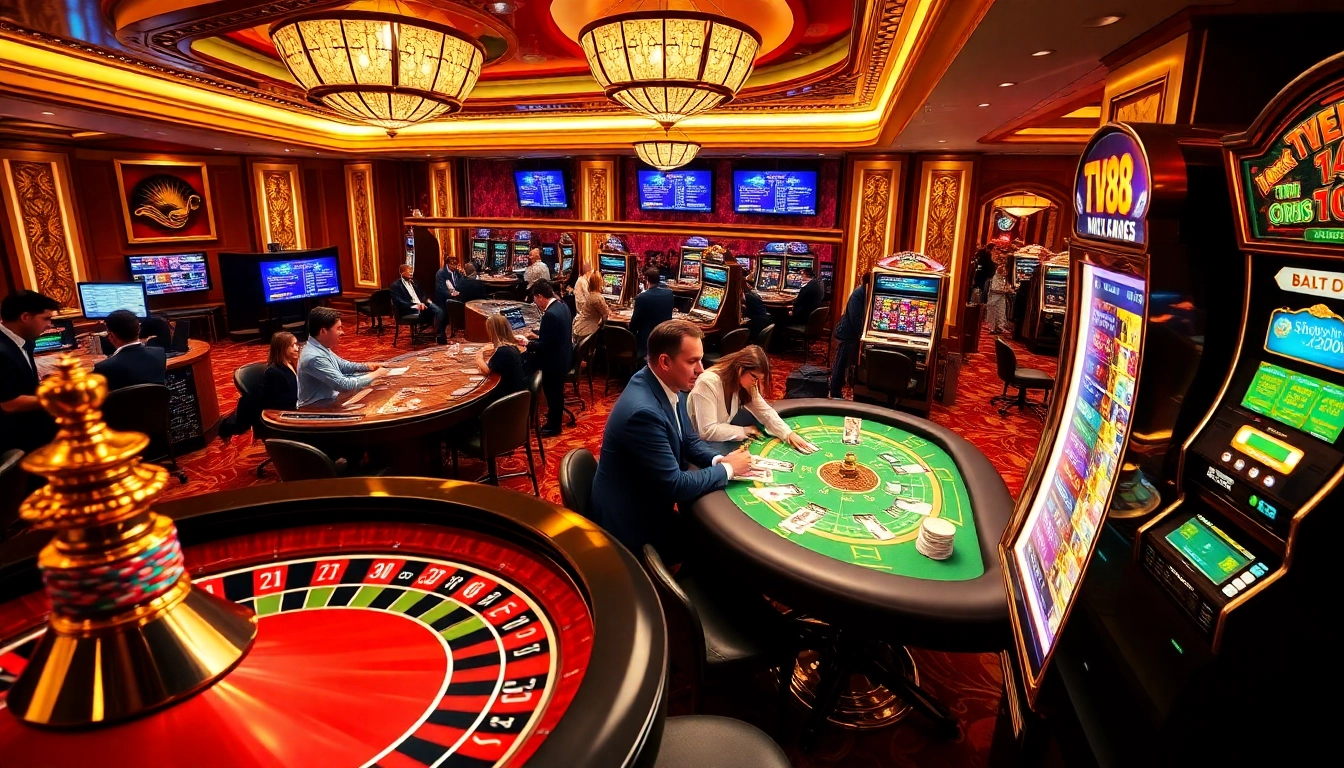 Exciting casino gaming experience at TV88 featuring poker tables and roulette wheels.