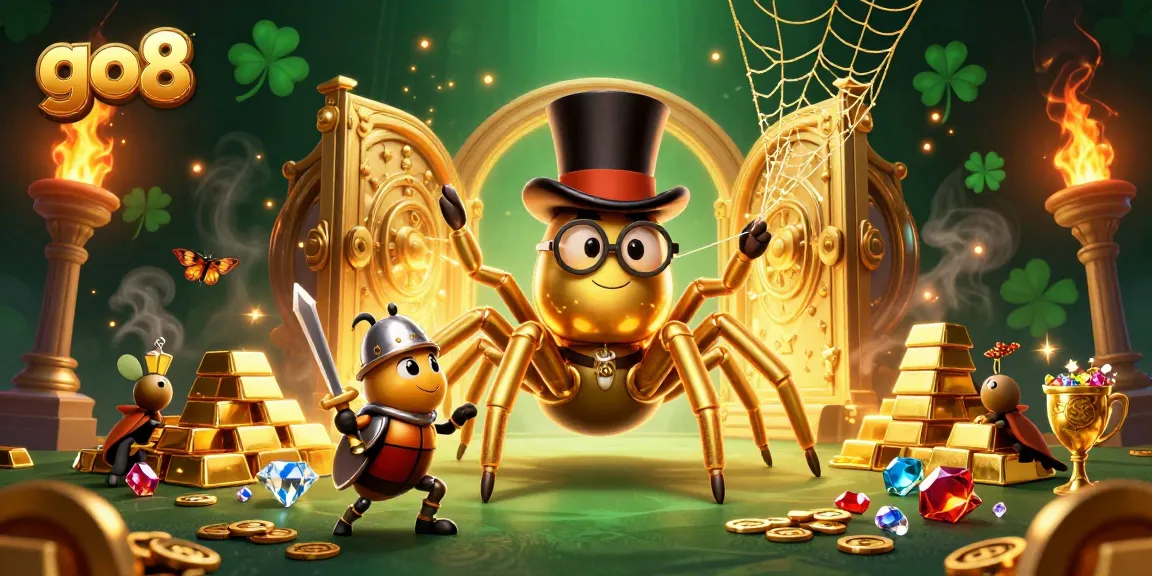 Experience the thrill of go8 with a golden tarantula, brave beetle knight, and lavish treasures in a dynamic casino scene.