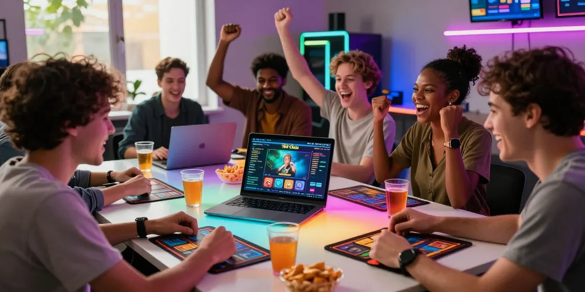 Engaging scene of friends celebrating a game victory at the 789 club.