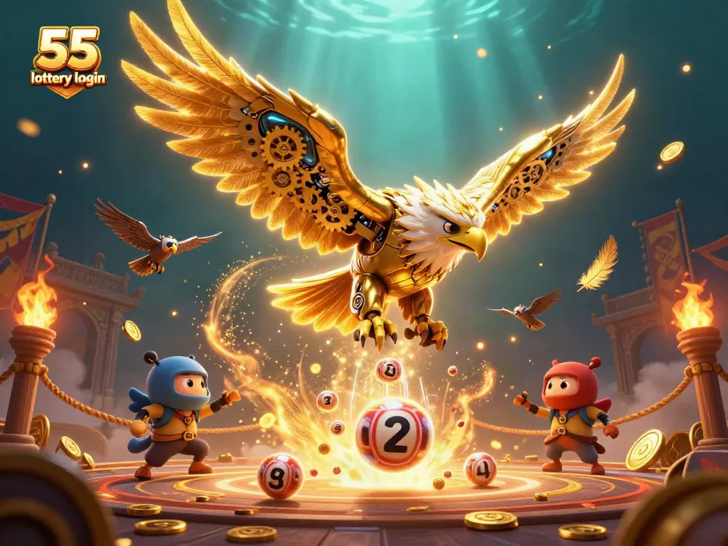 Experience the excitement of the 55 lottery login with a vibrant 3D illustration showcasing golden eagle and lottery elements.