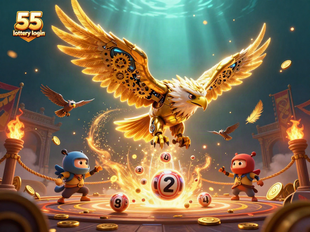 Experience the excitement of the 55 lottery login with a vibrant 3D illustration showcasing golden eagle and lottery elements.