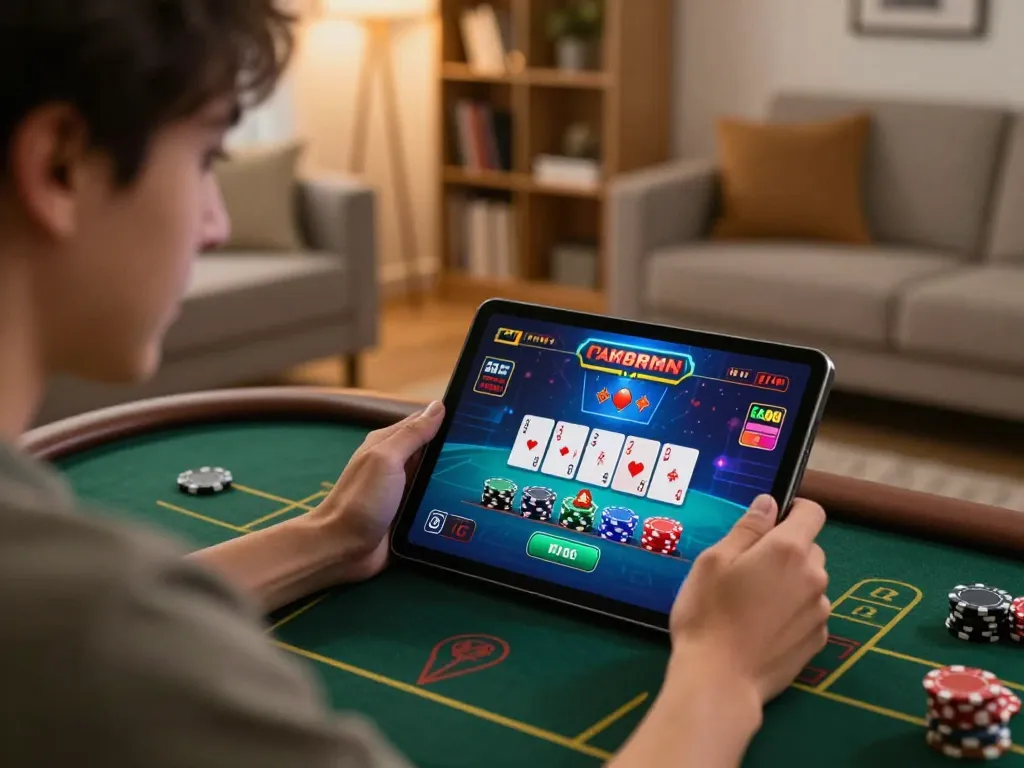 nk88vip player enjoying live casino game on tablet in cozy home setting