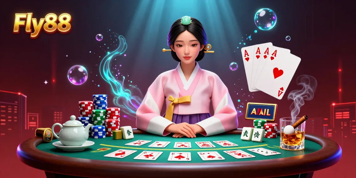 Engage in thrilling gameplay with Fly88, featuring a serene Asian woman amidst vibrant poker elements surrounded by rich casino visuals.