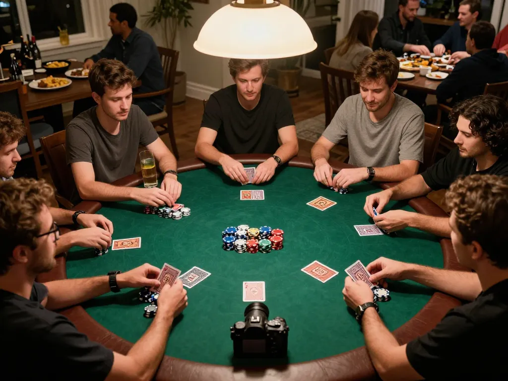 Engaged players enjoying a competitive poker game with chips at a private game night, showcasing rikvip