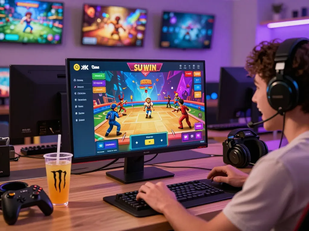 Engaged player enjoying Sun Win's thrilling online card game experience with vibrant graphics and cozy gaming setup.