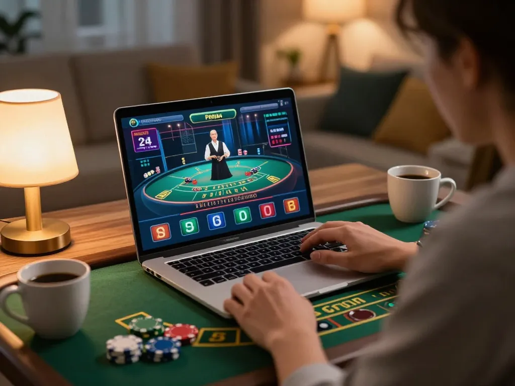 Engaged player enjoying a live dealer game at ok365, showcasing colorful chips and immersive home ambiance.