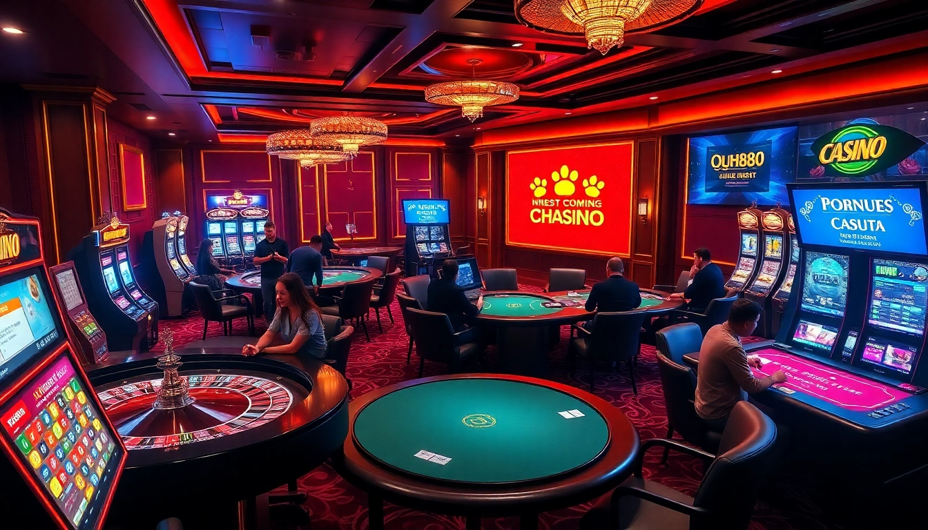 Exciting qh88 online casino gaming scene with vibrant tables and enthusiastic gamblers.