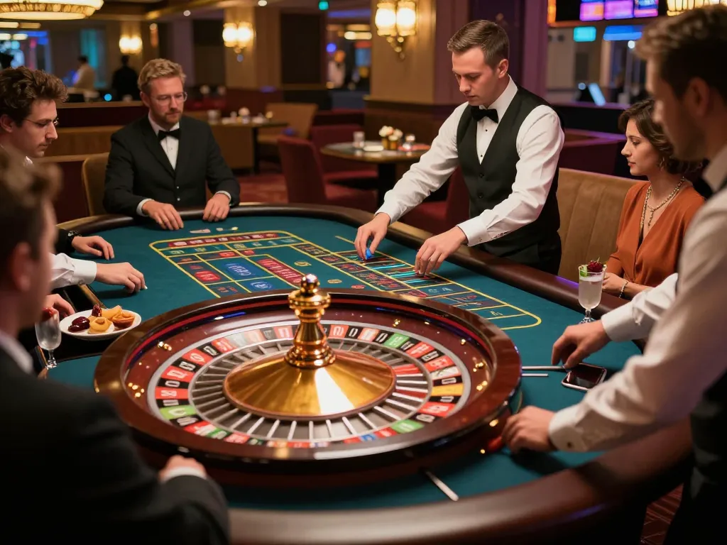 F168 roulette players placing bets in a luxurious casino, rich decor and ambience.