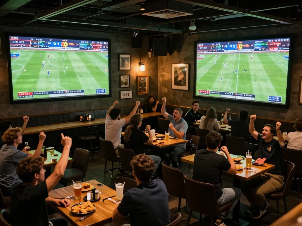 Kết quả bóng đá updates displayed on large screens in an engaging sports bar with enthusiastic fans.