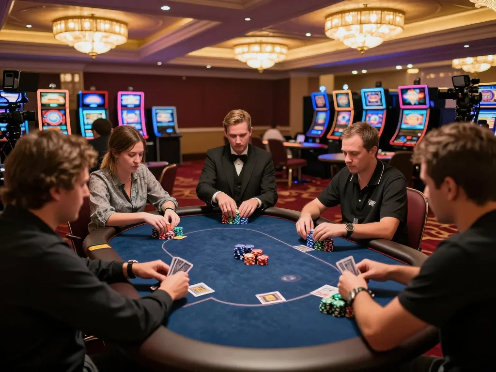 Players engaging in an exciting poker game at vipwin casino, showcasing focus and strategy