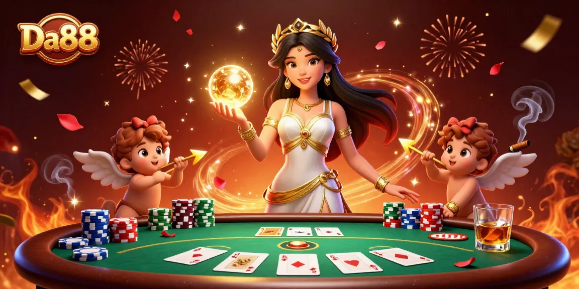 Engage with Da88 casino thrills as a Grecian goddess graces a vibrant poker scene.