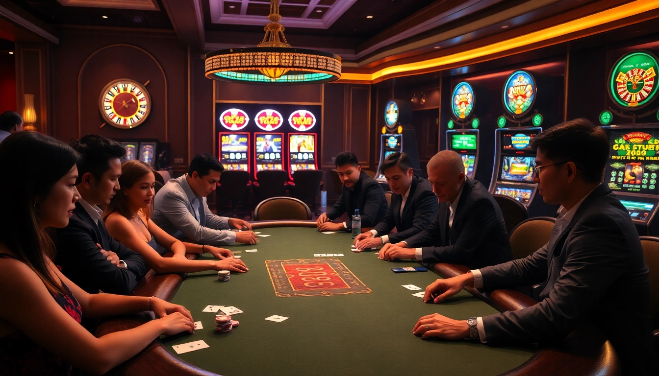 Experience the thrill of Bl555 with players at a high-stakes poker table in a vibrant casino atmosphere.