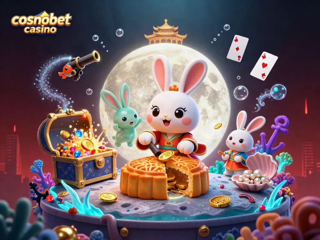 Experience the magic of cosmobet casino with a vibrant moon rabbit scene revealing poker chips.
