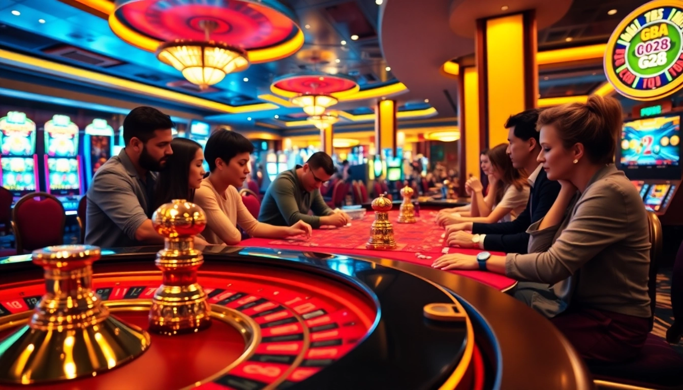 Engaged players at G28 casino with roulette tables and poker chips in a vibrant atmosphere.