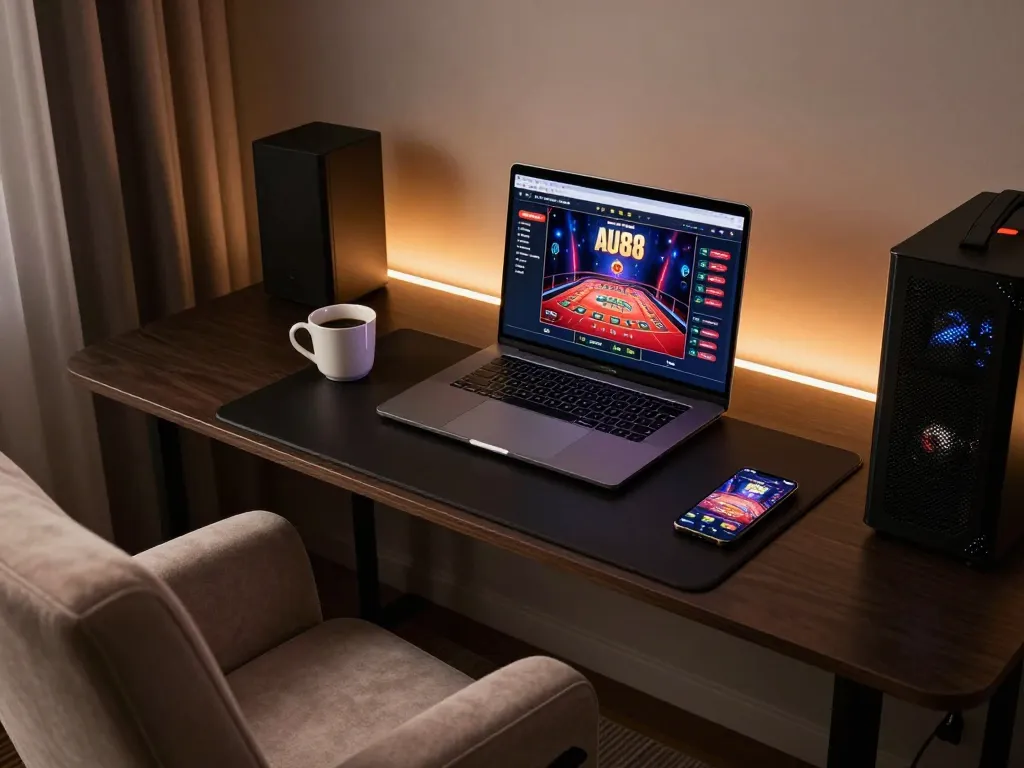 Player engaging with AU88 online casino from a stylish home gaming setup, showcasing laptop and smartphone with gaming interface.
