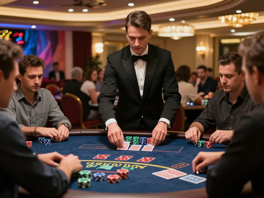 88vv players enjoying strategic blackjack gameplay with a professional dealer in a stylish casino