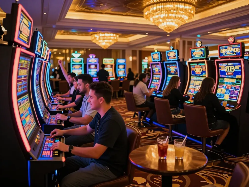 Players enjoying a vibrant slot machine area at O8 com with celebratory wins and engaging ambiance.