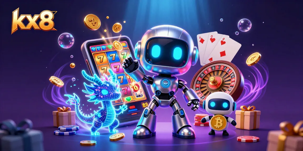 Engage with the lively kx8 gaming scene featuring a futuristic robot, holographic dragon, and vibrant game elements.