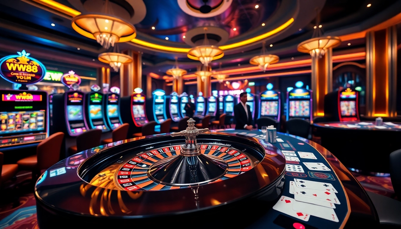 Experience the excitement at WW88 with a luxurious casino scene featuring roulette wheels and vibrant slot machines.