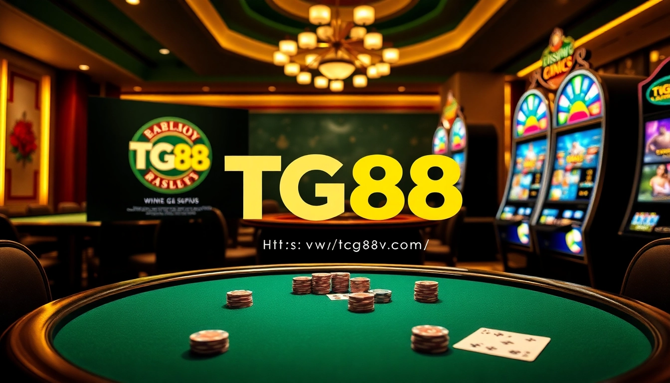 An engaging online gambling experience at https://tg88v.com/ featuring a poker table, roulette wheel, and slot machines.