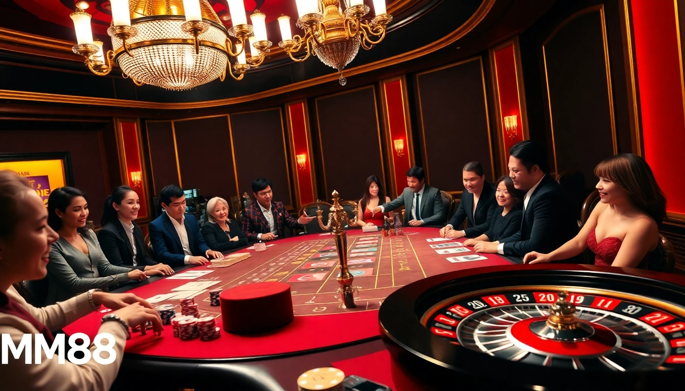 Experience high-stakes gambling action at https://mm88.vin/ with colorful chips and a roulette wheel.
