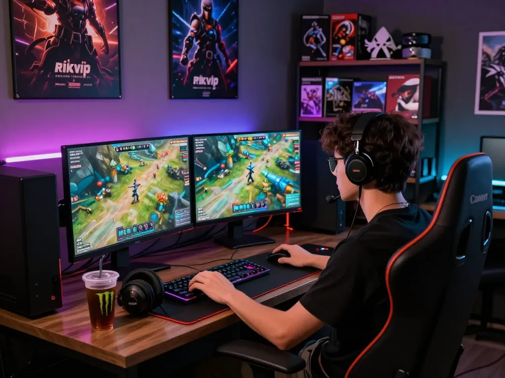 Engaged gamer playing on rikvip interface with high-spec setup in vibrant gaming room.