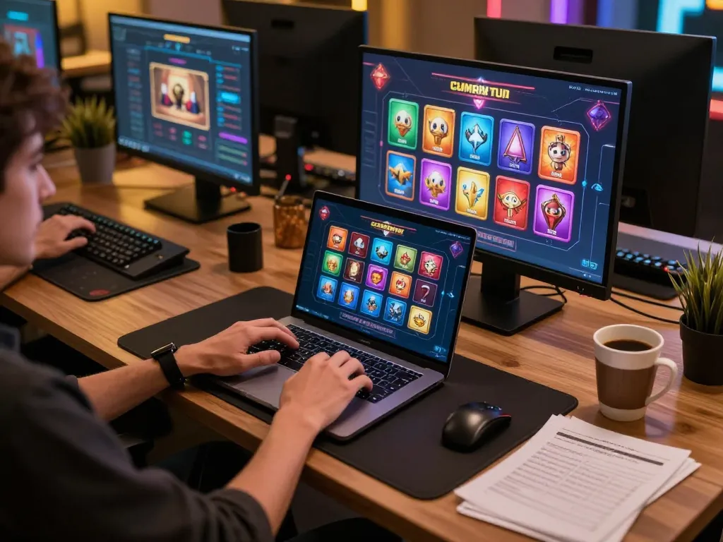 Player engaging in gi8 online casino games at home, showcasing laptop with vibrant game interface