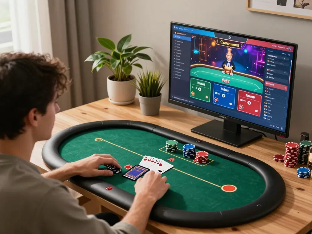 Sunwin player strategizing during an online poker game in a cozy home setup