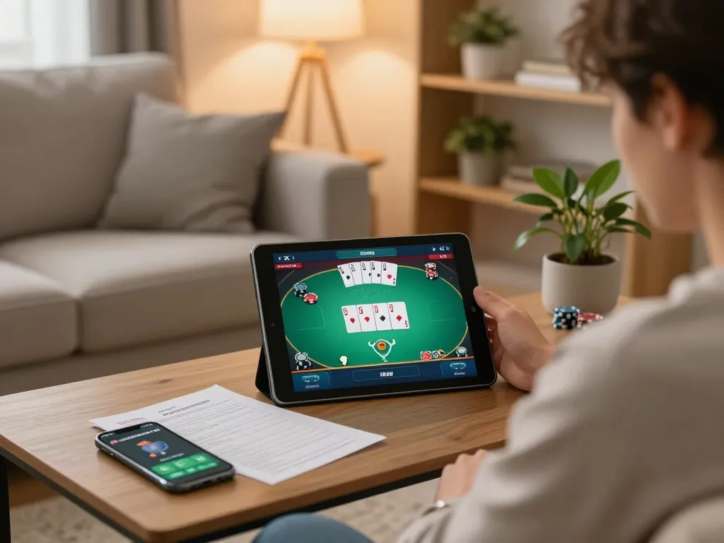 Engaging in online poker on fly888x from a cozy home setup with ambient lighting.