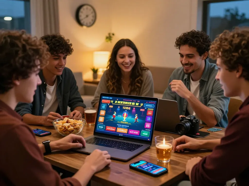 Friends enjoying a thrilling online gambling experience on 789wincom with live games and snacks.