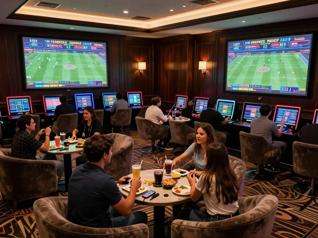 Patrons placing bets at the sports betting lounge on https://max88sss.com/, showcasing excitement in a luxury setting.