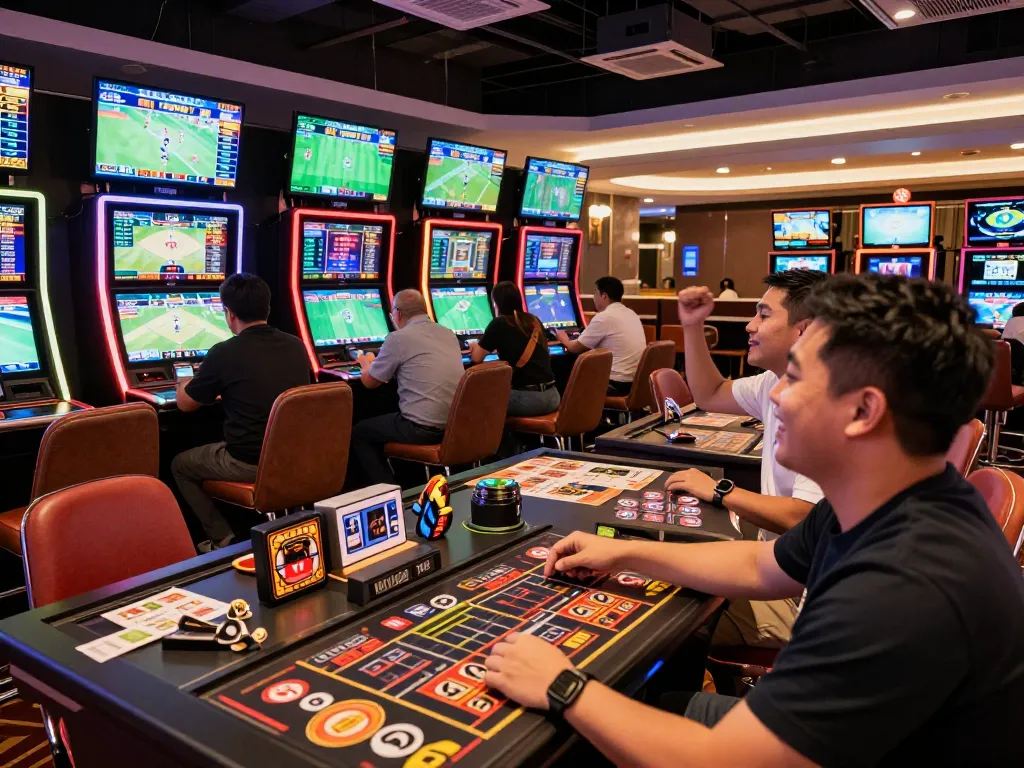 Engaged patrons placing bets on ty le keo nha cai 5 in a vibrant casino sports betting lounge.