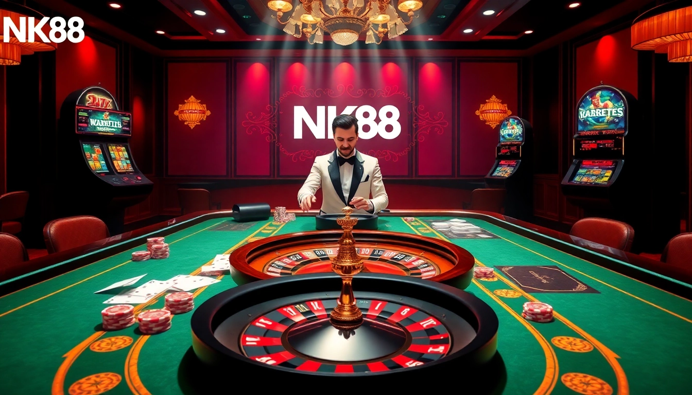 Experience the excitement of NK88 with vibrant poker tables and engaging casino visuals.
