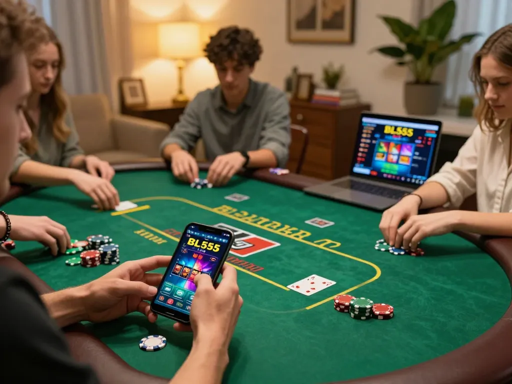 Player engaging with the BL555 app for online casino gaming, showing excitement and vibrant atmosphere.