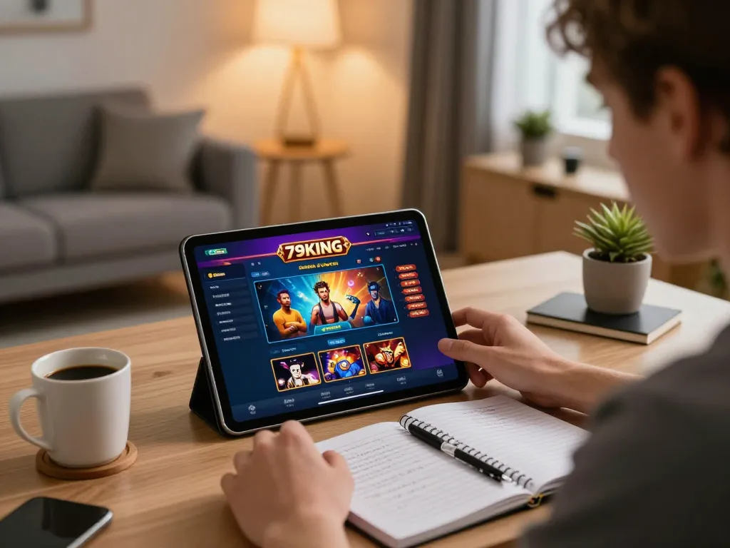 Engaging gameplay on 79KING tablet showcasing strategic unwinding moments in an inviting home setup