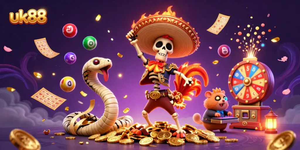 Experience the excitement of uk88 gaming with vibrant characters and dynamic casino elements in a colorful illustration.
