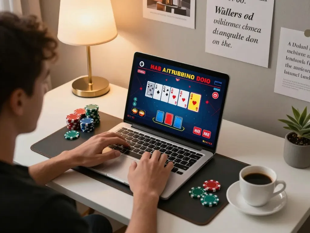 Player strategizing for online poker at home with 58wiin, focused on bankroll management.