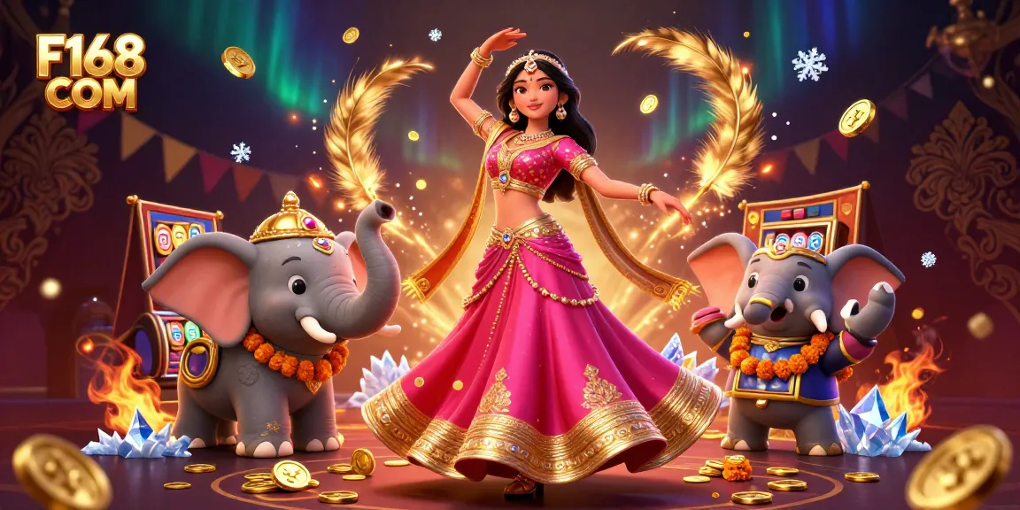 Play and win at F168 COM with vibrant casino-themed 3D illustrations showcasing exciting gambling elements.