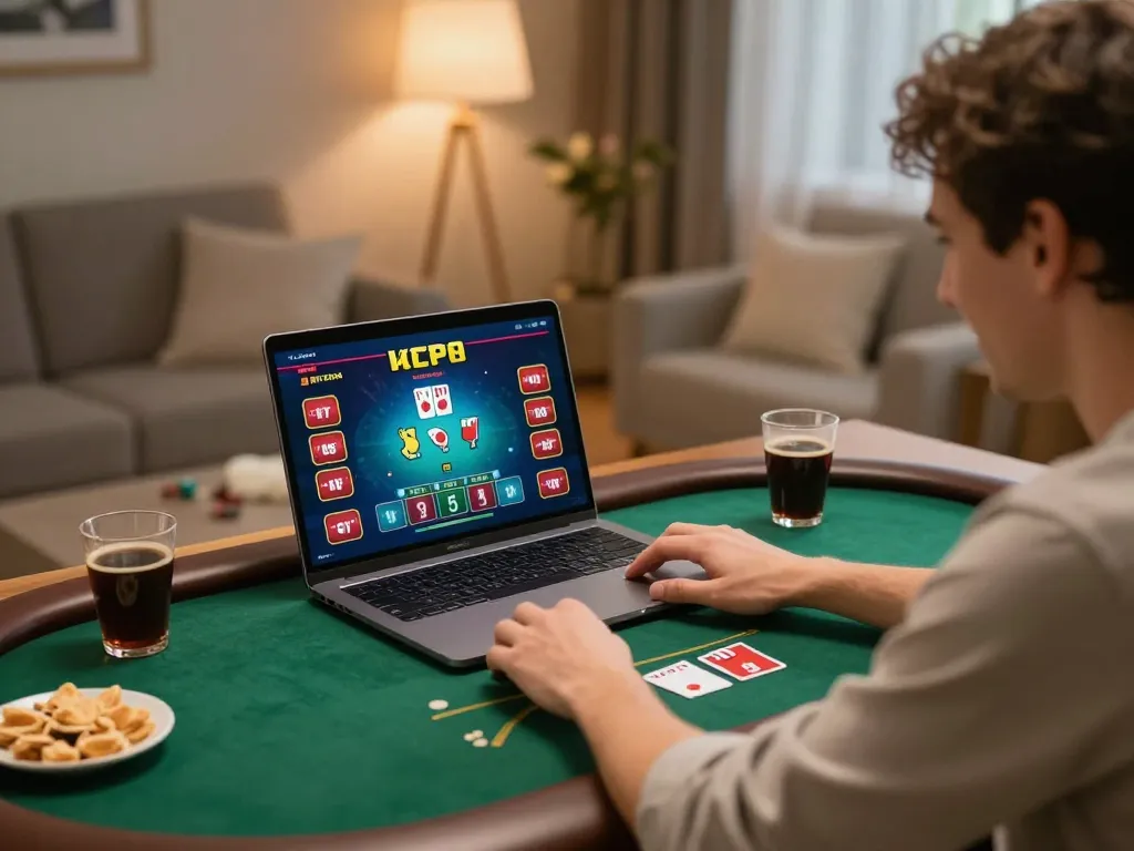 LUCK8 player enjoying a poker game on a laptop in a cozy home setting with warm lighting