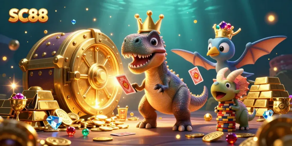 Experience the vibrant adventure with SC88 as a T-Rex shuffles cards and stacks chips in a lively casino setting.